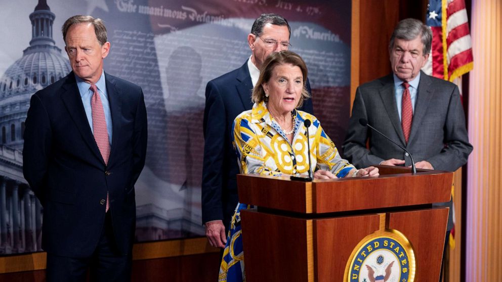 PHOTO: From left, Sen. Pat Toomey, Sen. Shelley Moore Capito, Sen. John Barrasso and Sen. Roy Blunt hold a news conference in the Capitol to announce the GOP infrastructure counteroffer, May 27, 2021.