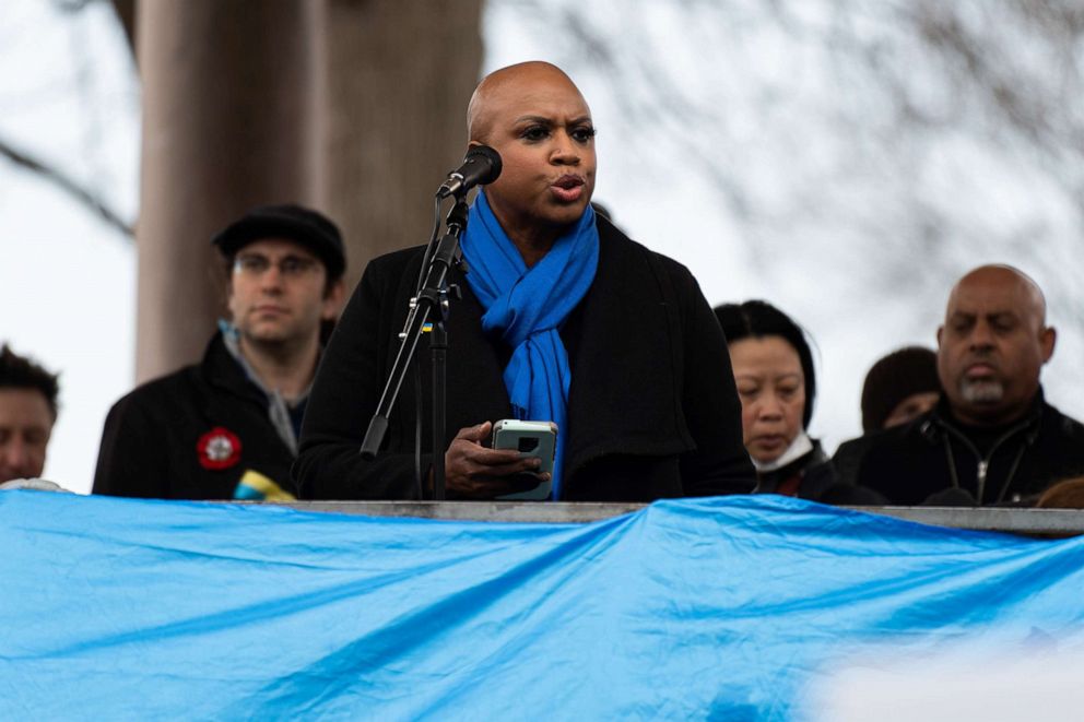 PHOTO: Rep. Ayanna Pressley addresses demonstrators participating in the "Stand with Ukraine" march in Boston, March 6, 2022.
