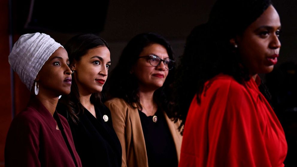 PHOTO: Rep. Ayanna Pressley speaks as, Rep. Ilhan Abdullahi Omar, Rep. Rashida Tlaib and Rep. Alexandria Ocasio-Cortez hold a press conference to address remarks made by President Donald Trump earlier in the day, in Washington, July 15, 2019.