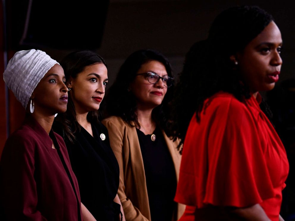 PHOTO: Rep. Ayanna Pressley speaks as, Rep. Ilhan Abdullahi Omar, Rep. Rashida Tlaib and Rep. Alexandria Ocasio-Cortez hold a press conference to address remarks made by President Donald Trump earlier in the day, in Washington, July 15, 2019.