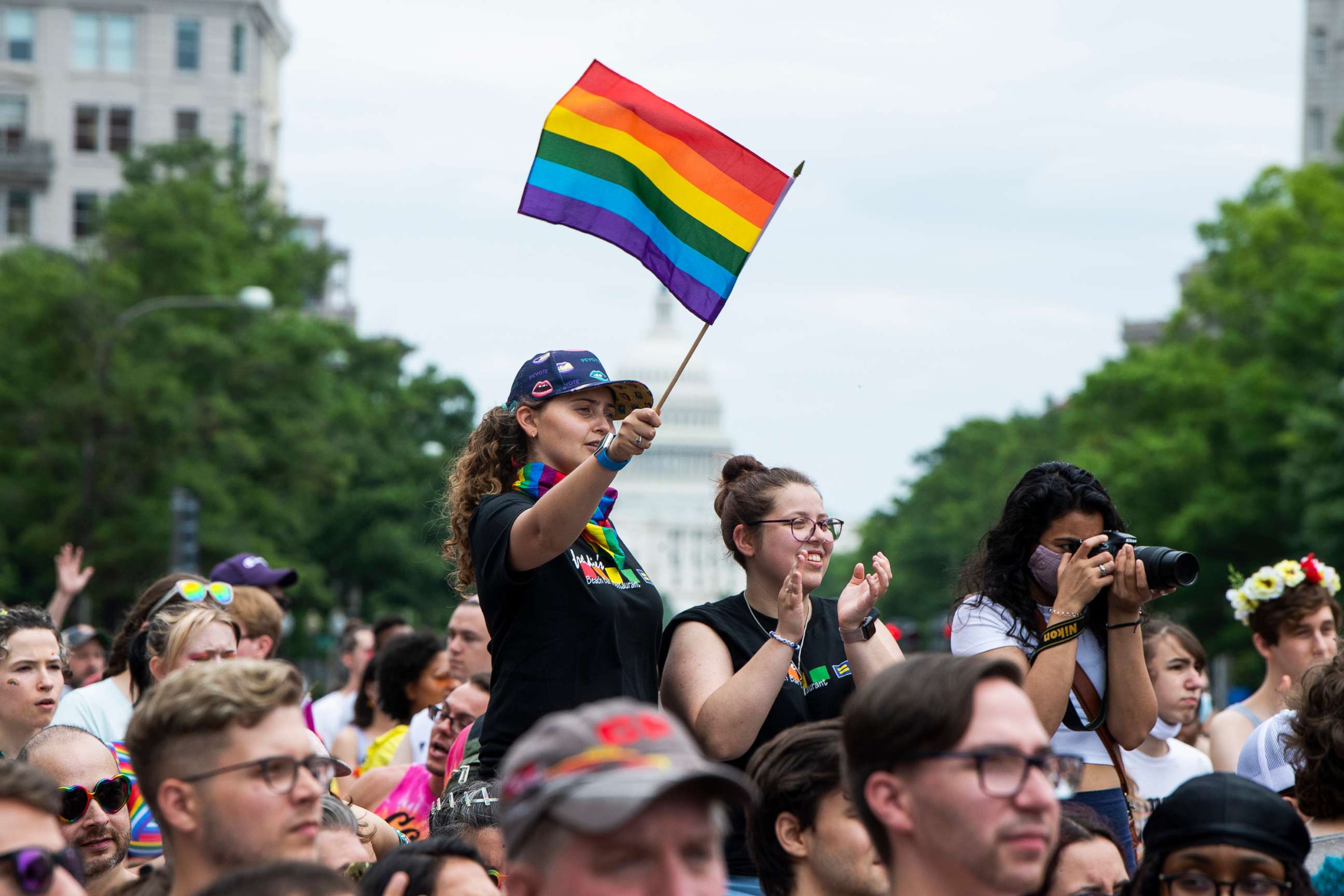 PHOTO: In this June 12, 2021, file photo, people attend a Capital Pride rally at Freedom Plaza to celebrate the LGBTQ community, in Washington, D.C.