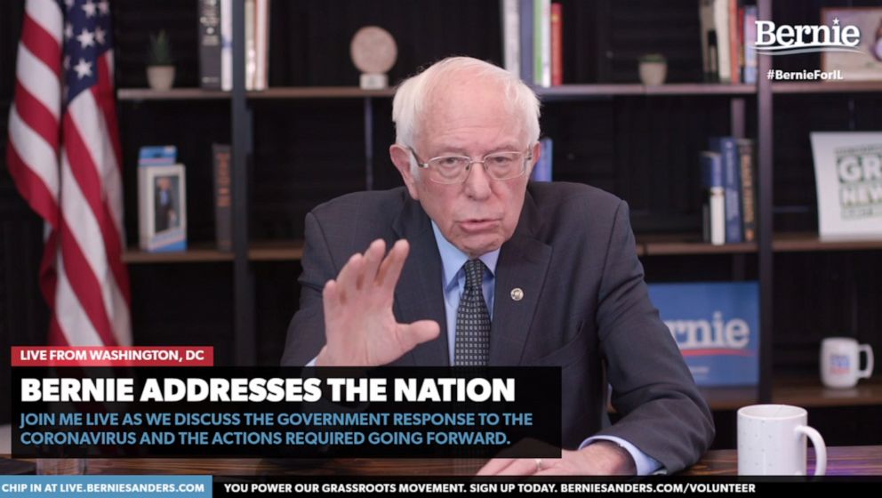 PHOTO: Democratic presidential candidate Sen. Bernie Sanders makes his recommendations for how the U.S. should handle the coronavirus pandemic during a livestream address on March 17, 2020.
