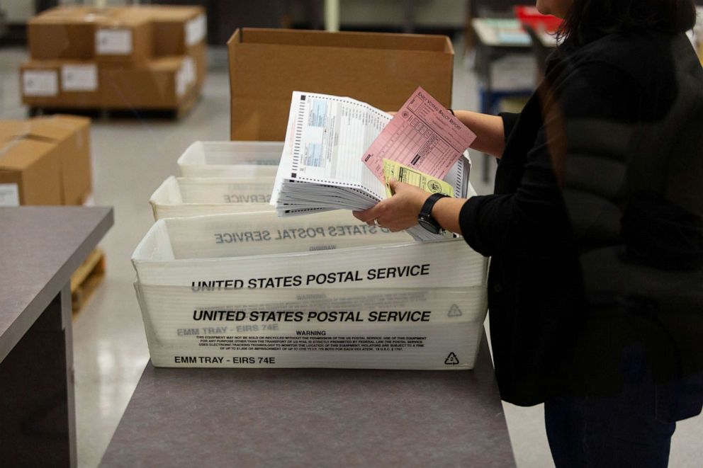 PHOTO: Eliza Luna, a ballot designer with the Maricopa County Elections Department, counts ballots for the Arizona Presidential Preference Election at the Maricopa County Tabulation and Election Center in Phoenix, March 17, 2020.