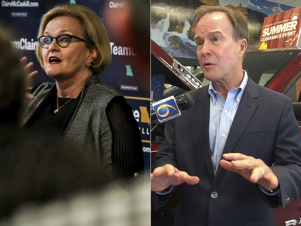 PHOTO: Sen. Claire McCaskill speaks to a group of supporters in Columbia, Mo., Aug. 7, 2018. Michigan Attorney General Bill Schuette, a Republican candidate for governor, speaks during a campaign stop in Lansing, Mich., July 31, 2018.