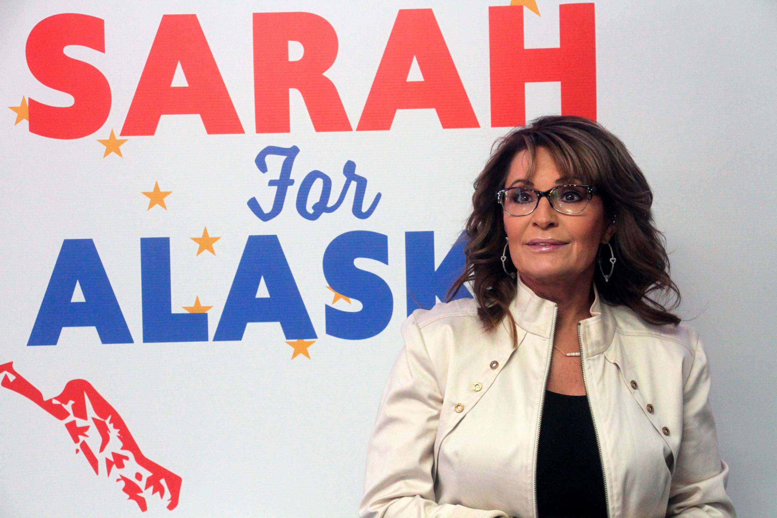 PHOTO: Former Alaska Gov. Sarah Palin addresses supporters at the opening of her new campaign headquarters in Anchorage, Ala., April 20, 2022. 