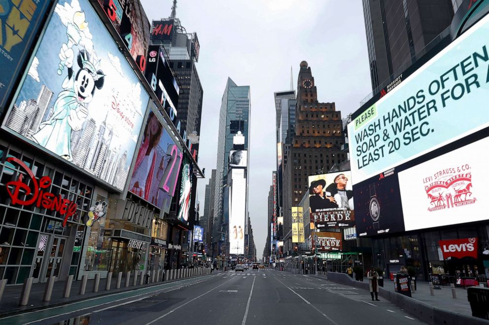 PHOTO: Times Square stands empty during the coronavirus outbreak in New York, March 19, 2020.
