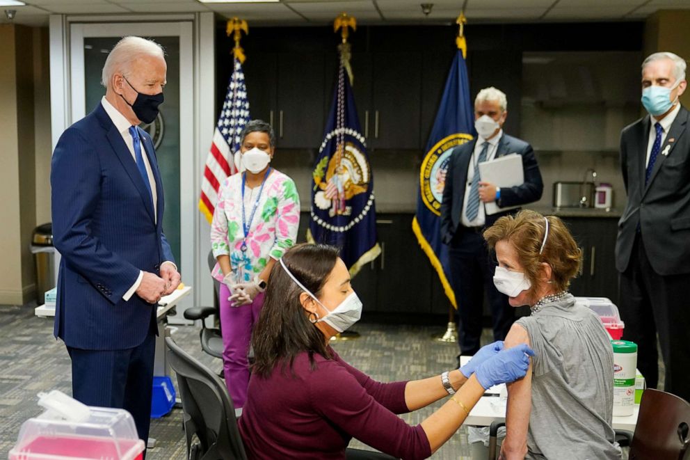 PHOTO: President Joe Biden visits a COVID-19 vaccination site at the VA Medical Center in Washington, March 8, 2021. 