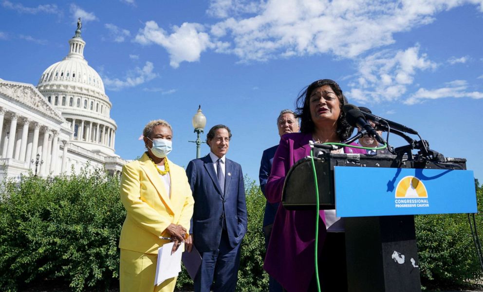PHOTO: Rep. Pramila Jayapal holds a news conference at the U.S. Capitol in Washington, D.C., August 12, 2022.