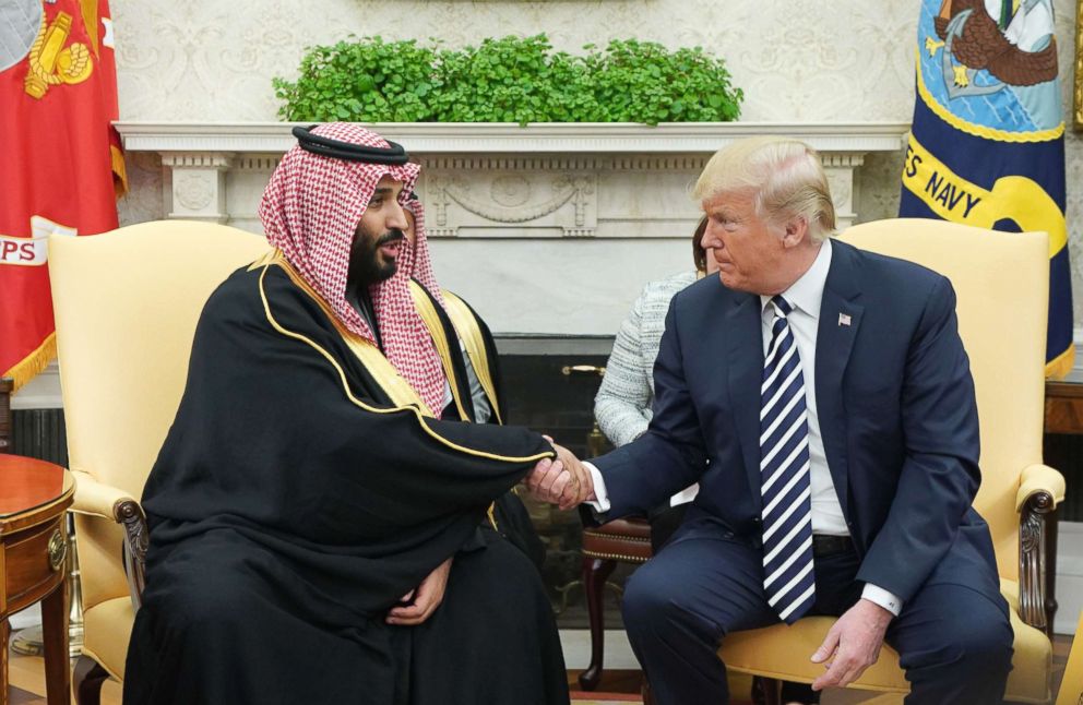 PHOTO: President Donald Trump shakes hands with Saudi Arabias Crown Prince Mohammed bin Salman in the Oval Office of the White House, March 20, 2018, in Washington, DC.