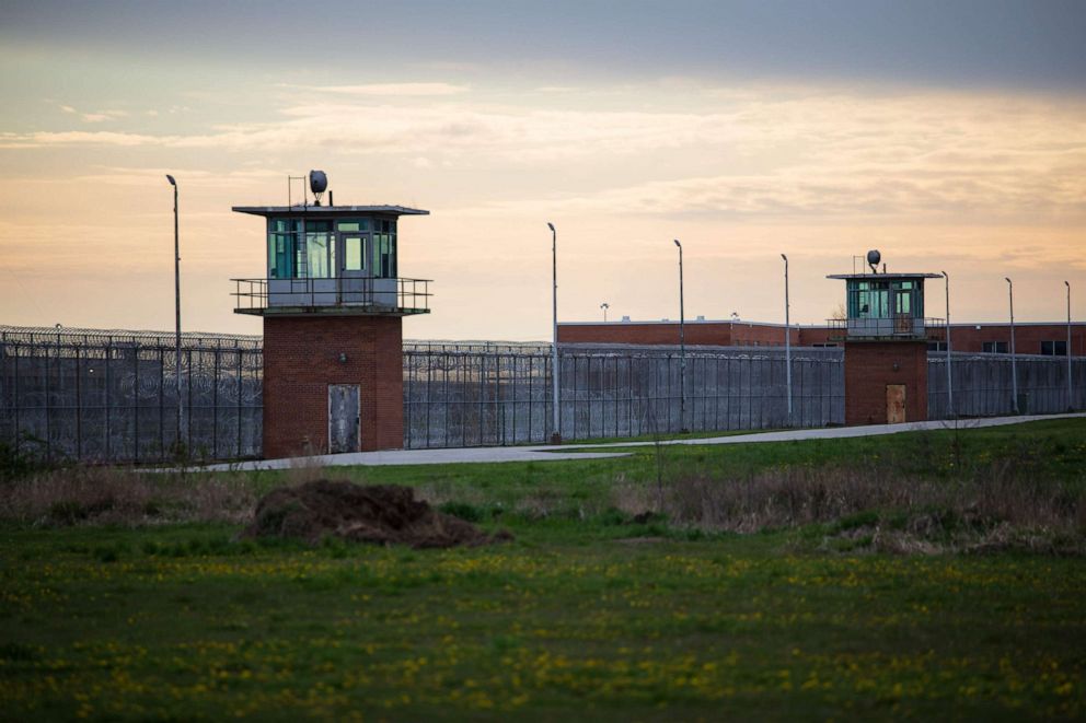 PHOTO: Guard towers look over the prison courtyard at Marion Correctional Institution on April 27, 2020.