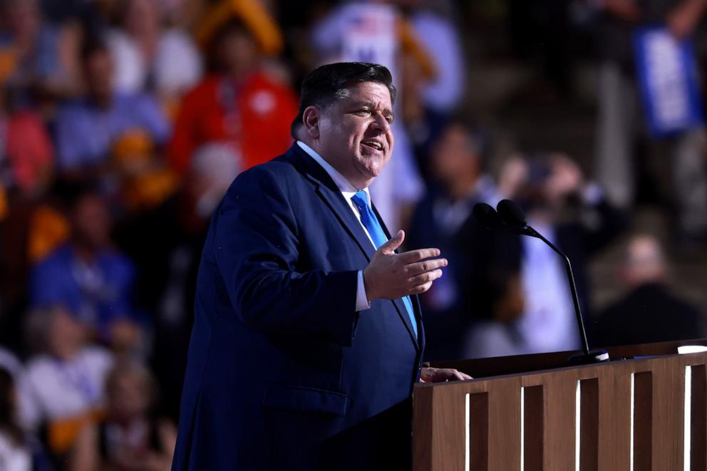 PHOTO: Illinois Gov. J.B. Pritzker speaks on stage during the second day of the Democratic National Convention, Aug. 20, 2024 in Chicago.