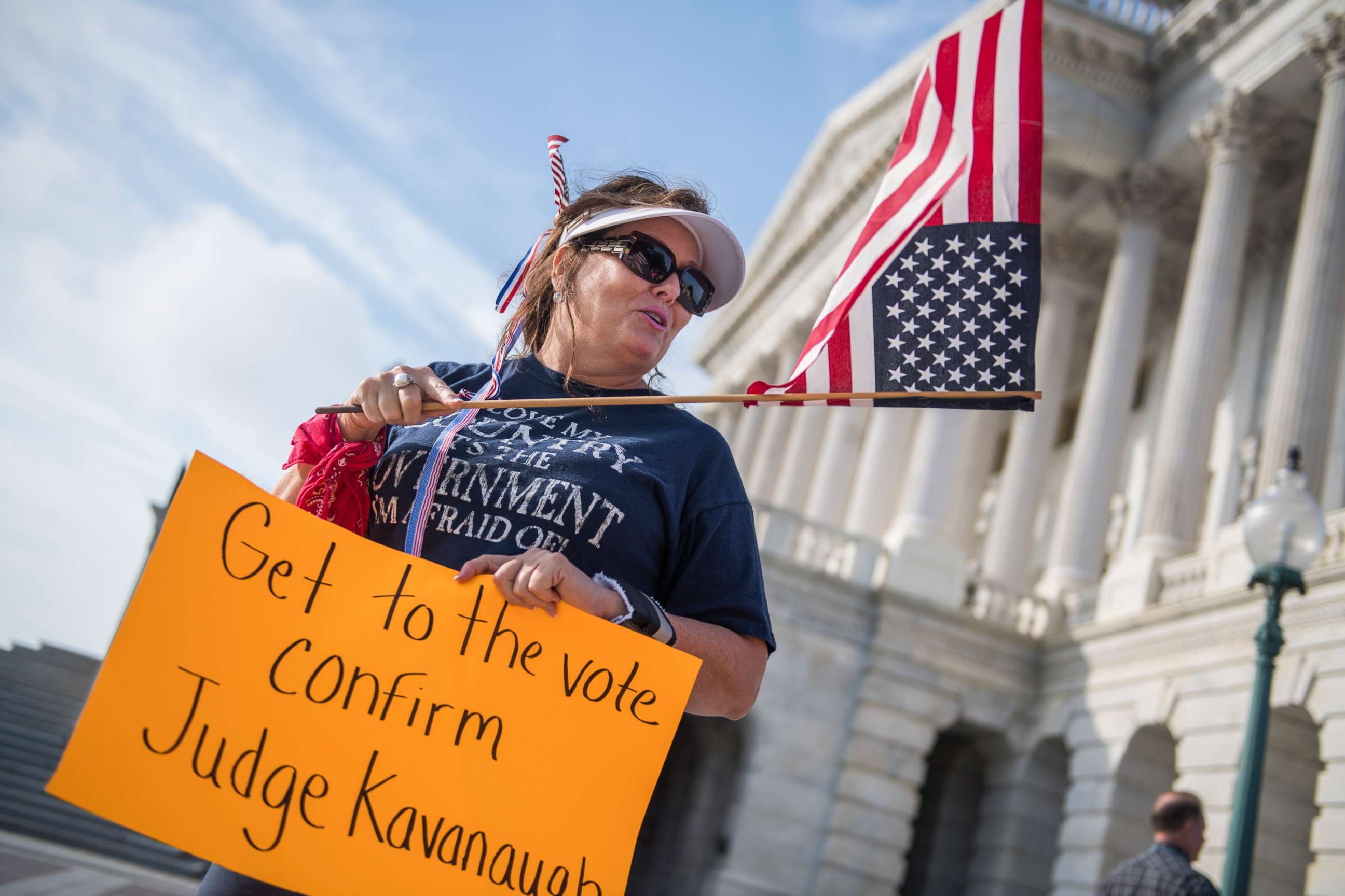 PHOTO: A woman from Virginia Beach shows her support for Supreme Court nominee Brett Kavanaugh on the East Front of the Capitol, as senators review the FBI's supplemental background check on him on Oct. 4, 2018. 