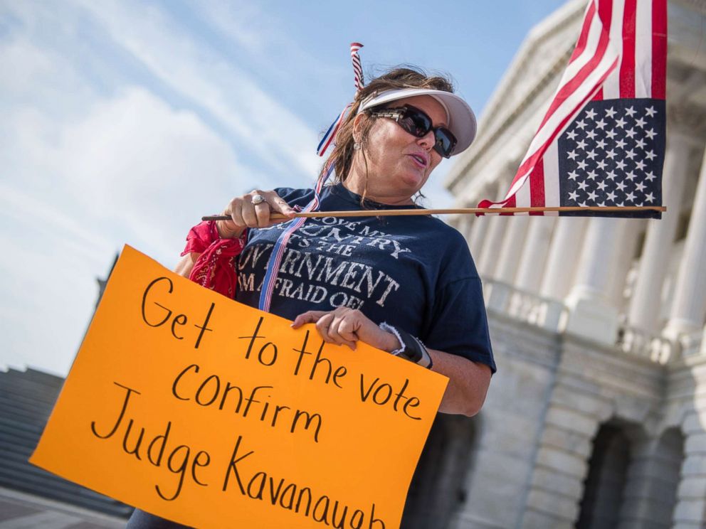 PHOTO: A woman from Virginia Beach shows her support for Supreme Court nominee Brett Kavanaugh on the East Front of the Capitol, as senators review the FBIs supplemental background check on him on Oct. 4, 2018.
