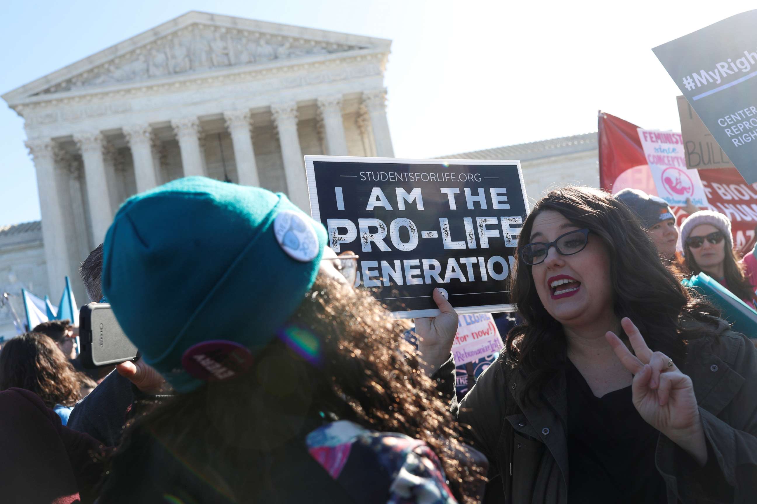 PHOTO: Pro-life and pro-choice demonstrators argue outside of the Supreme Court as justices hear a major abortion case on the legality of a Republican-backed Louisiana law that imposes restrictions on abortion doctors, in Washington, March 4, 2020.