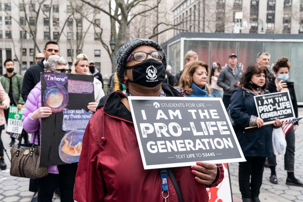 PHOTO: Anti-abortion activists rally on Foley Square in New York on March 25, 2021.