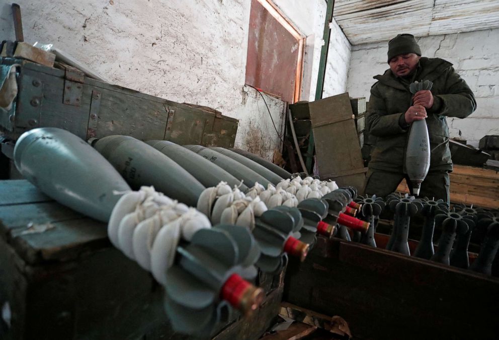 PHOTO: A service member of pro-Russian troops in uniform without insignia is seen at the weapons depot during Ukraine-Russia conflict near Marinka, in the Donetsk Region, Ukraine, March 22, 2022.