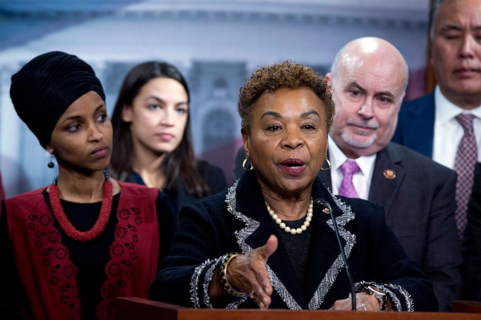 PHOTO: Congressional Progressive Caucus members speak during a news conference on last week's targeted killing of Iran's senior military commander Gen. Qassem Soleimani on Capitol Hill, in Washington, Jan. 8, 2020.