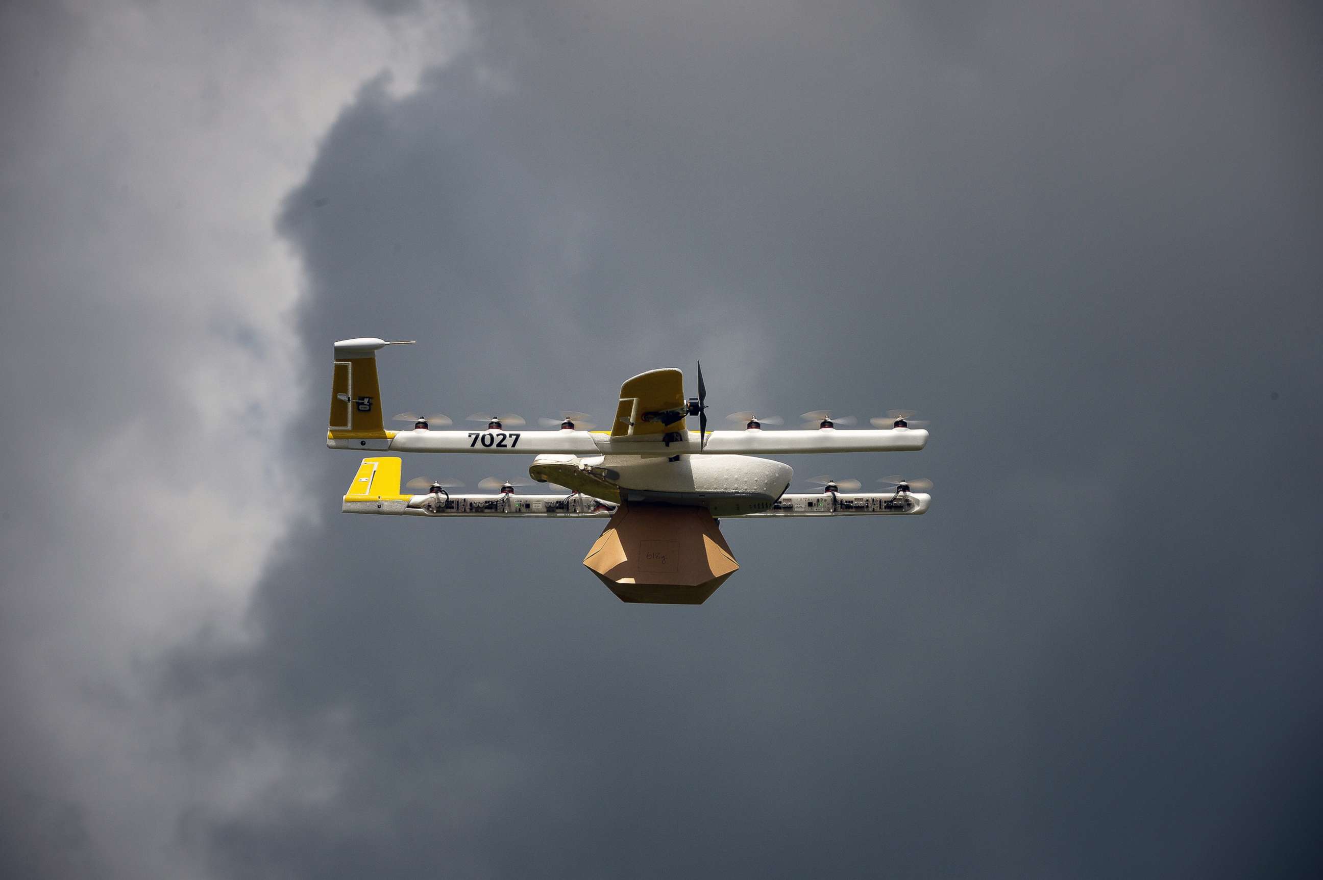 PHOTO: An Alphabet Inc. Google X Project Wing delivery drone flies during a demonstration at Virginia Tech in Blacksburg, Va., Aug. 7, 2018.