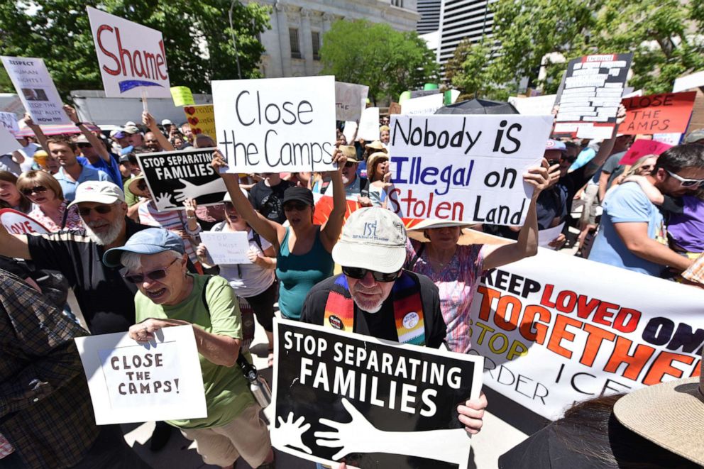 PHOTO: Protestors demonstrate in front of the Byron G Rogers Federal building on July 2, 2019 in Denver, Colorado.