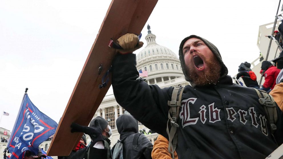 PHOTO: A man shouts as supporters of President Donald Trump gather in front of the U.S. Capitol Building in Washington, D.C., Jan. 6, 2021.