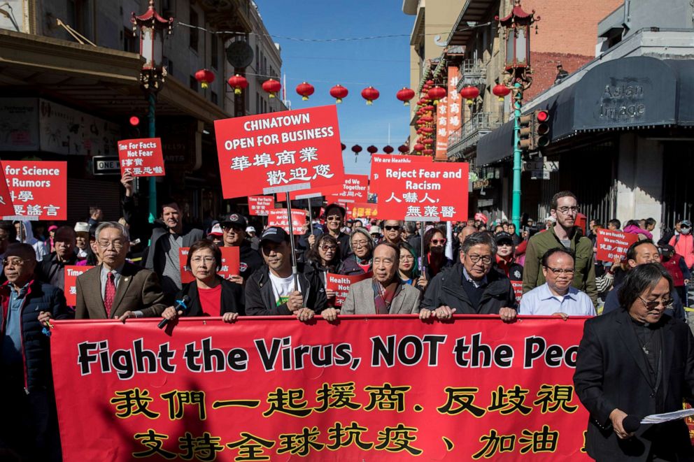 PHOTO: Hundreds of Chinatown residents along with local and state officials take to the streets protest against racism against the Chinese community during a march in San Francisco, Calif., Feb. 29, 2020.