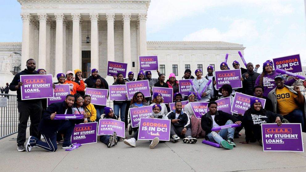 PHOTO: Student loan borrowers and advocates gather for the People's Rally To Cancel Student Debt during the Supreme Court hearings on student debt relief on Feb. 28, 2023, in Washington, D.C.