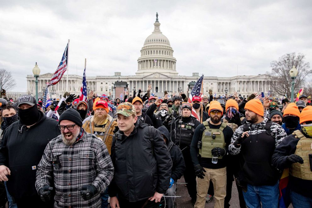 PHOTO: Members of the Proud Boys make a hand gesture while walking near the Capitol in Washington, Jan. 6, 2021.