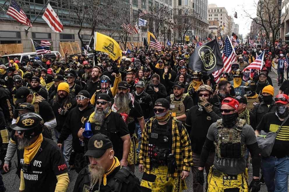 PHOTO: Members of the Proud Boys march towards Freedom Plaza during a protest on Dec. 12, 2020, in Washington, D.C.