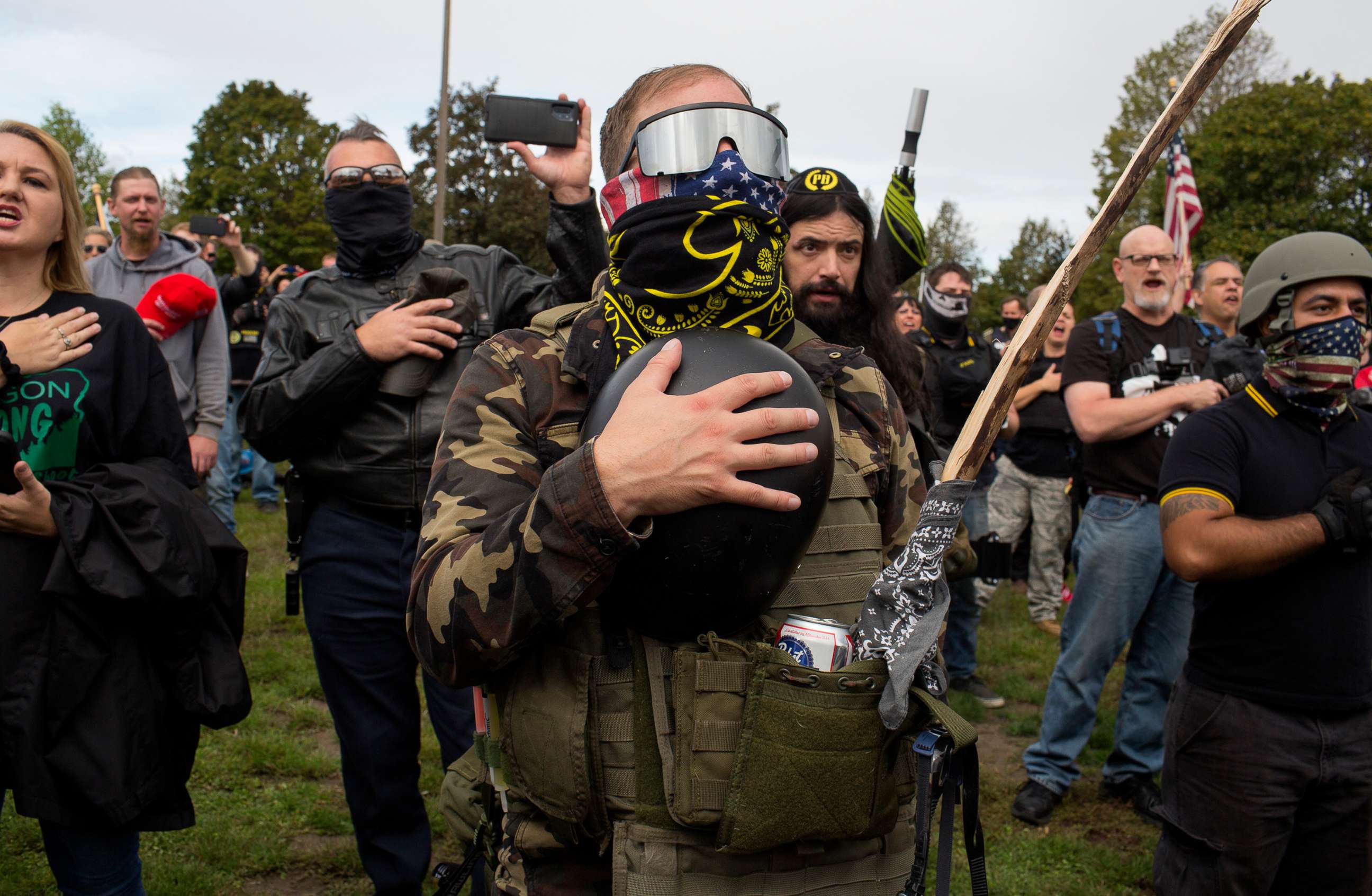 PHOTO: In this Sept. 26, 2020, file photo, members of the Proud Boys, a gang that supports President Trump, hold a rally  in Delta Park on the edge of Portland, Ore.