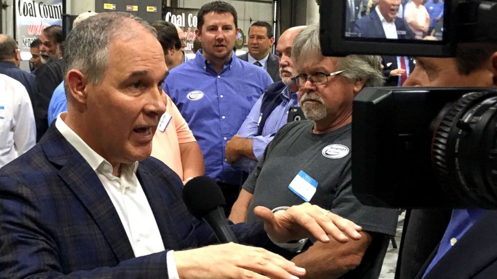 EPA Administrator Scott Pruitt, talks to a reporter after speaking at Whayne Supply in Hazard, Ky., Oct. 9, 2017. Pruitt says the Trump administration will abandon the Obama-era clean power plan aimed at reducing global warming.