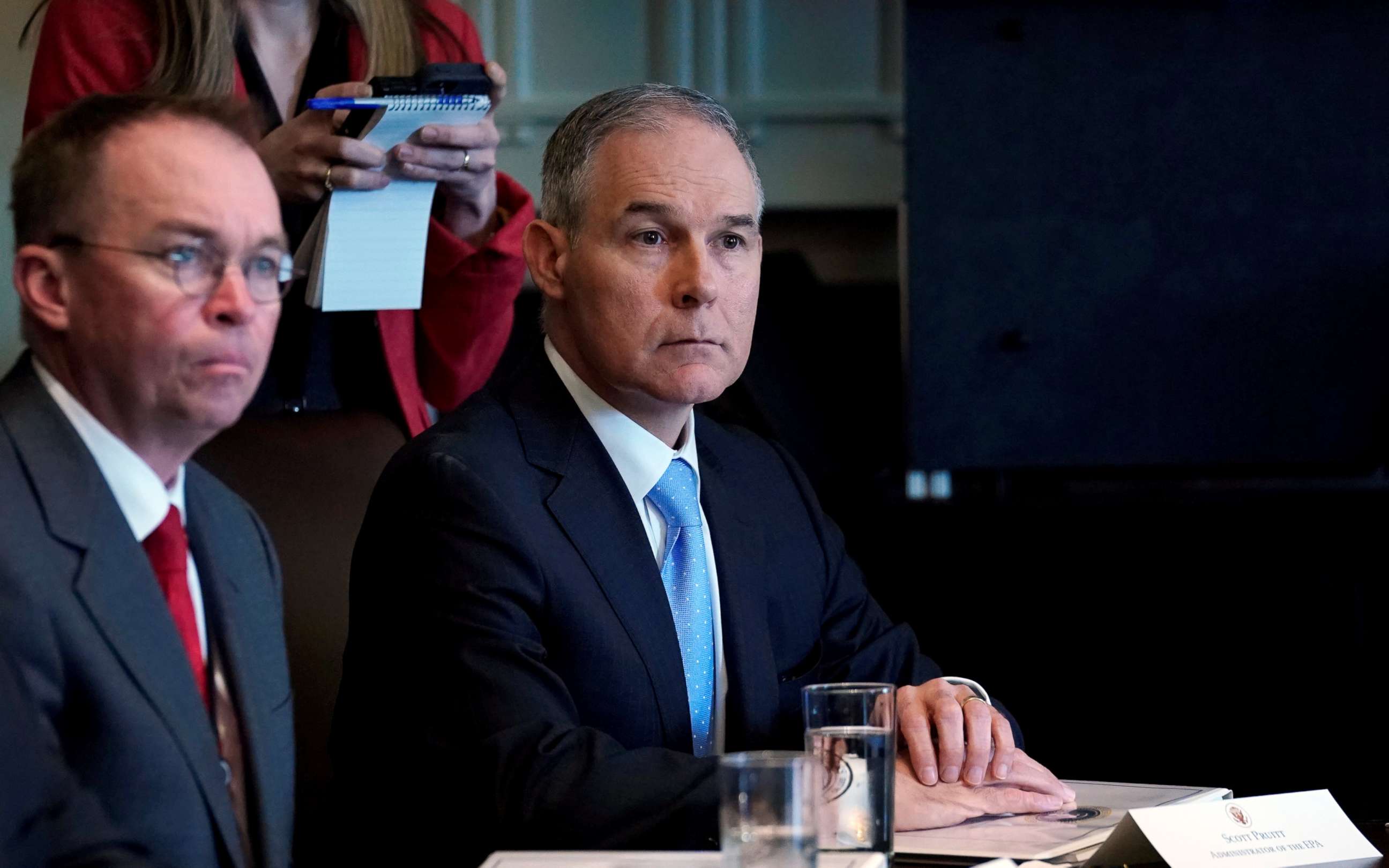 PHOTO: Environmental Protection Agency administrator Scott Pruitt listens as President Donald Trump holds a cabinet meeting at the White House, April 9, 2018. 