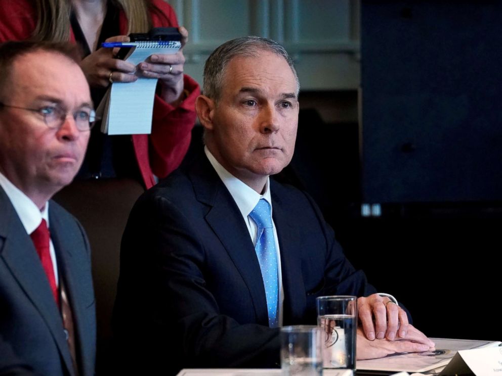 PHOTO: Environmental Protection Agency administrator Scott Pruitt listens as President Donald Trump holds a cabinet meeting at the White House, April 9, 2018.