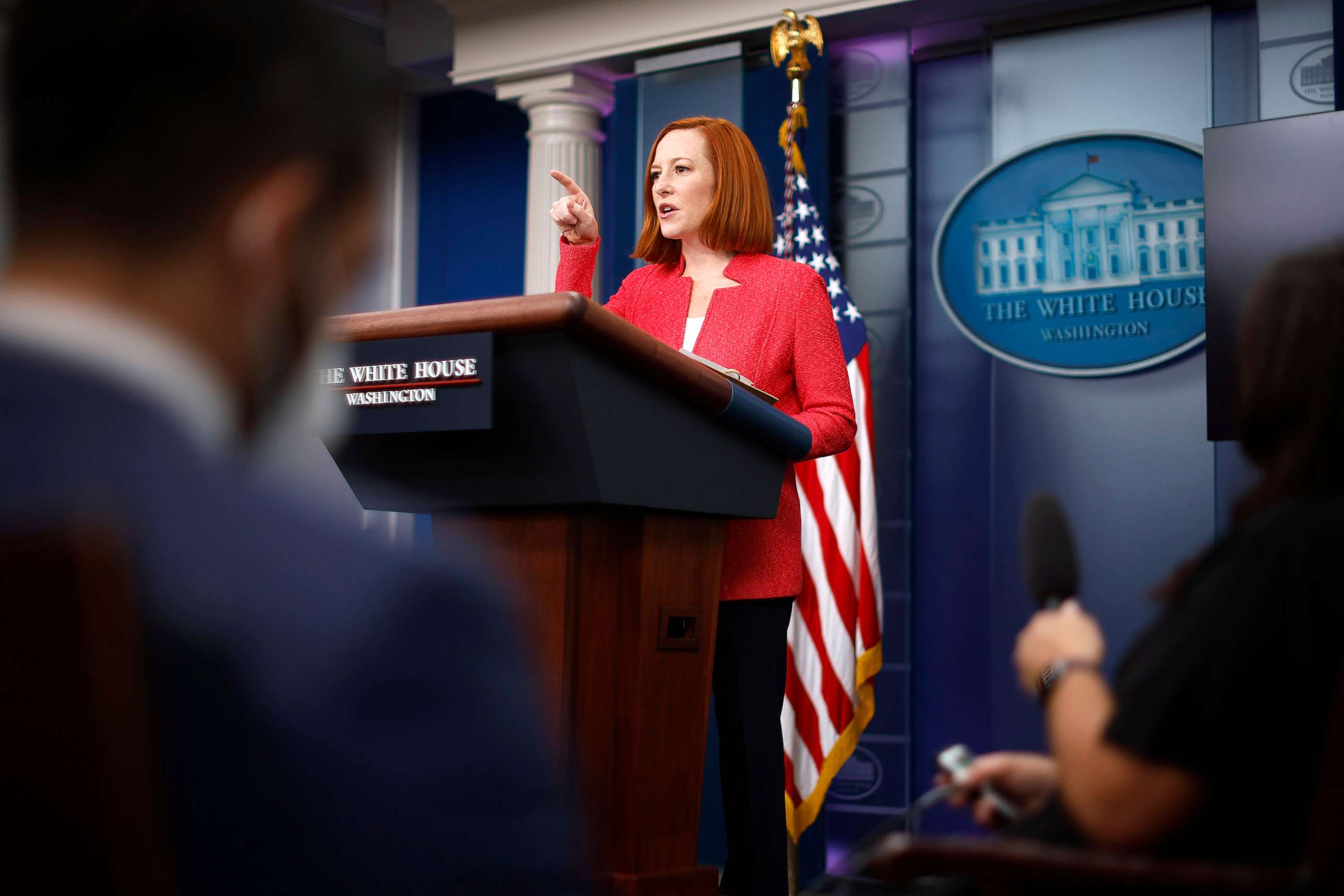 PHOTO: White House Press Secretary Jen Psaki talks to reporters in the Brady Press Briefing Room at the White House on Jan. 14, 2022 in Washington, D.C. 