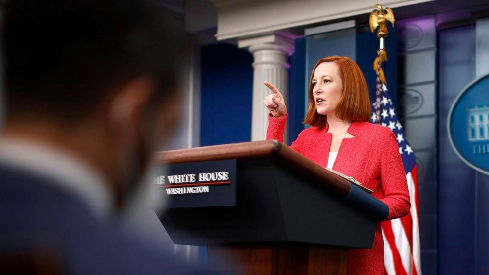 PHOTO: White House Press Secretary Jen Psaki talks to reporters in the Brady Press Briefing Room at the White House on Jan. 14, 2022 in Washington, D.C. 