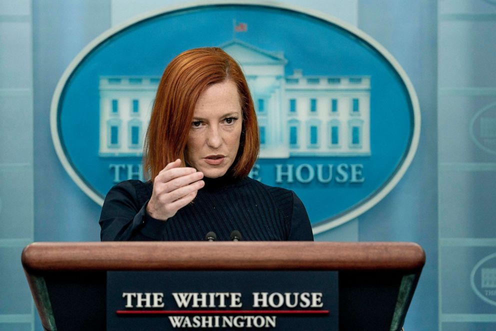 PHOTO: White House press secretary Jen Psaki speaks at a press briefing at the White House in Washington, Jan. 24, 2022.