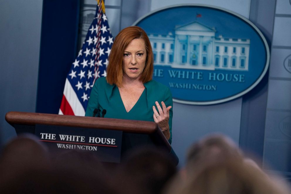 PHOTO: White House press secretary Jen Psaki speaks during a press briefing at the White House, July 6, 2021.