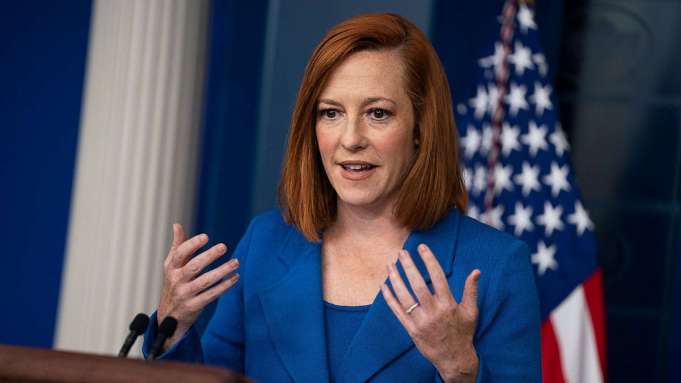 PHOTO: White House press secretary Jen Psaki speaks during a press briefing at the White House, May 24, 2021, in Washington.