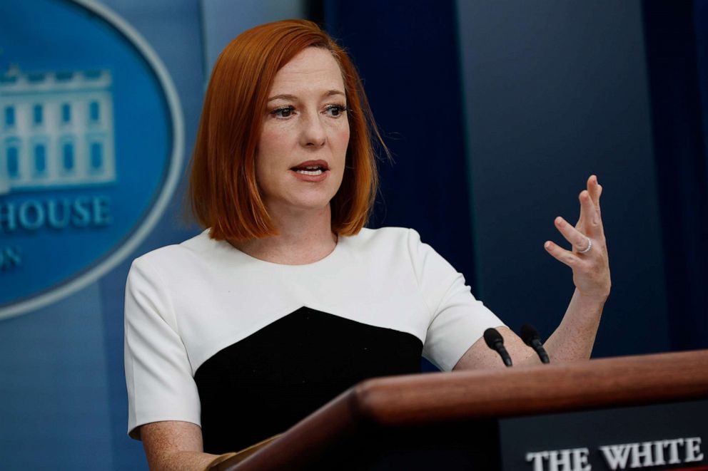 PHOTO: WASHINGTON, DC - MARCH 14: White House Press Secretary Jen Psaki talks to reporters during the daily news conference in the Brady Press Briefing Room at the White House on March 14, 2022 in Washington, DC. 
