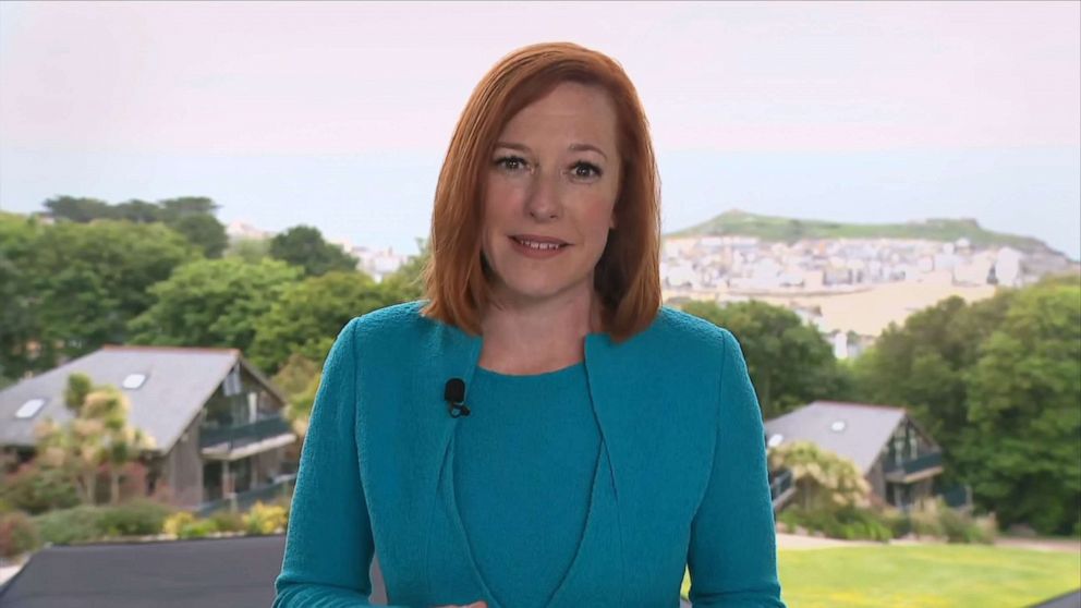PHOTO: White House Press Secretary Jen Psaki talks with ABC's George Stephanopoulos on "Good Morning America," June 10, 2021, from Cornwall, England, ahead of the G7 summit.