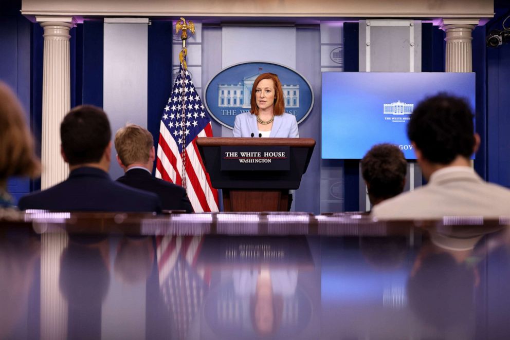 PHOTO:White House Press Secretary Jen Psaki speaks during a daily press briefing at the James Brady Press Briefing Room of the White House, May 21, 2021.