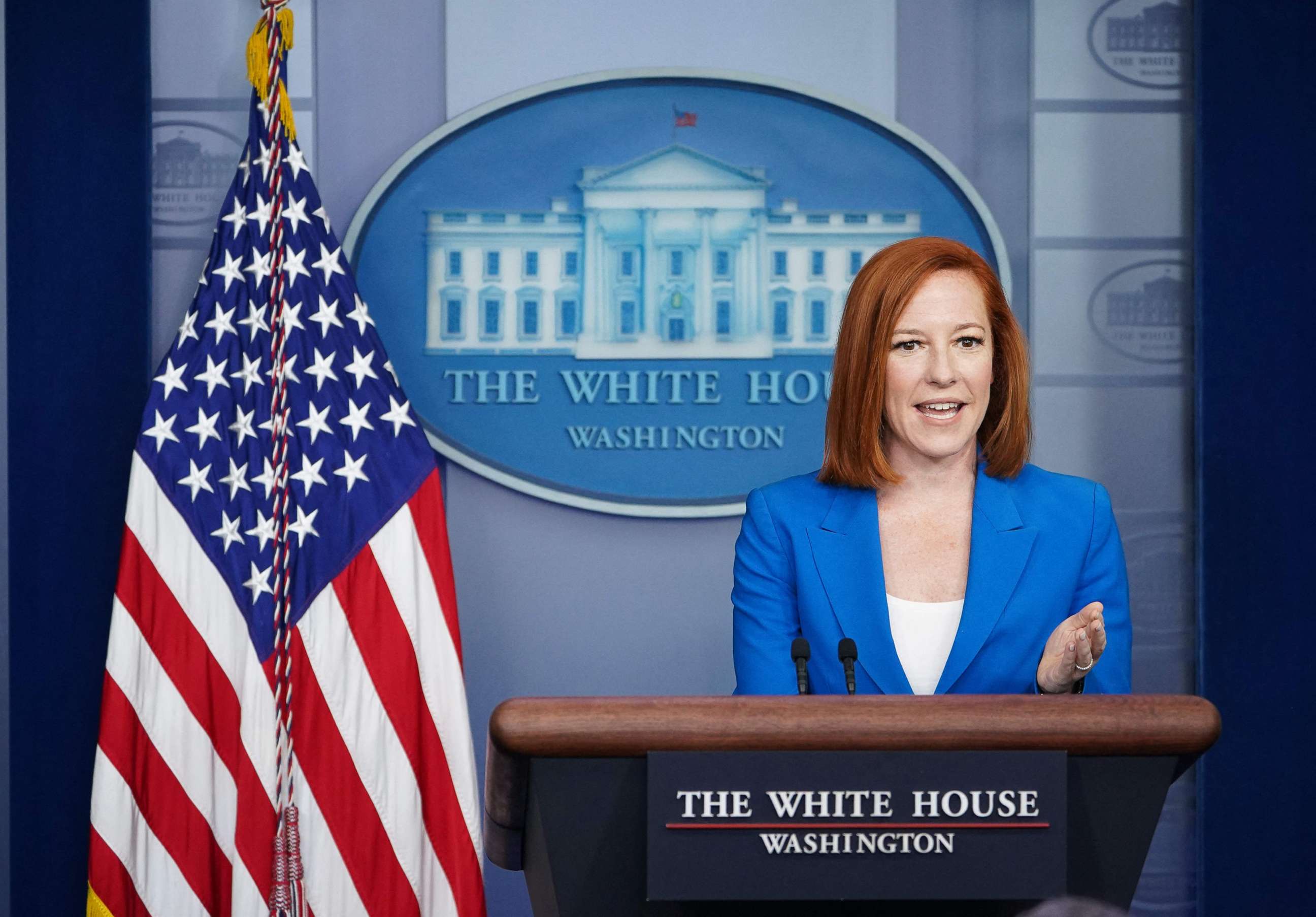 PHOTO: White House Press Secretary Jen Psaki speaks during the daily news conference in the Brady Press Briefing Room at the White House, June 7, 2021.