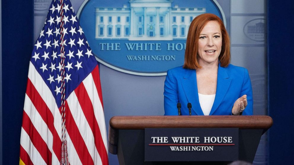 PHOTO: White House Press Secretary Jen Psaki speaks during the daily news conference in the Brady Press Briefing Room at the White House, June 7, 2021.