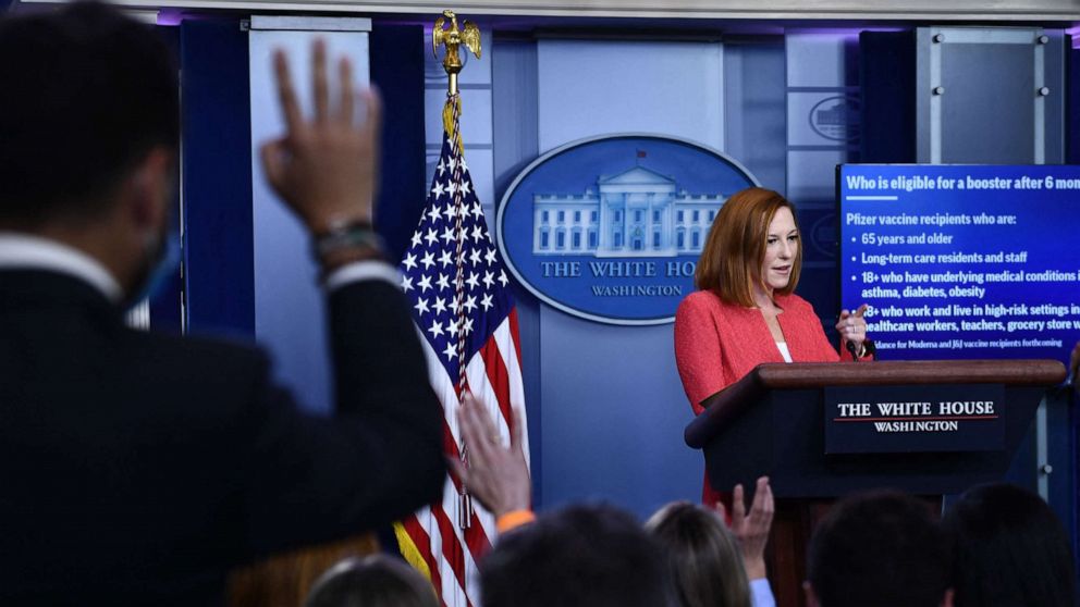 PHOTO: White House Press Secretary Jen Psaki holds a press briefing in the Brady Briefing Room of the White House in Washington, D.C, on Sept. 27, 2021.