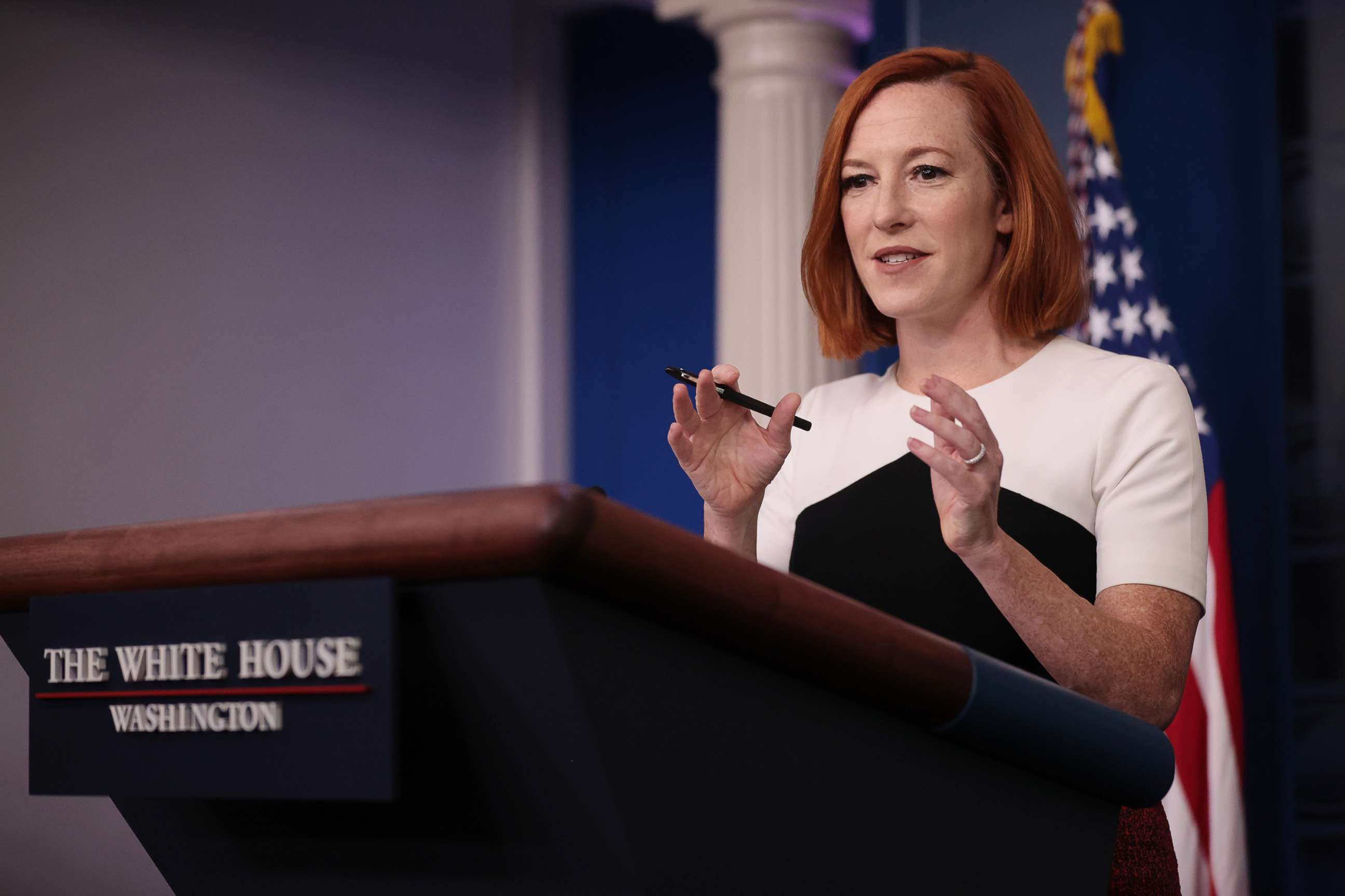 PHOTO: White House Press Secretary Jen Psaki talks to reporters during the daily press conference in the Brady Press Briefing Room at the White House on Dec 6, 2021 in Washington, D.C.