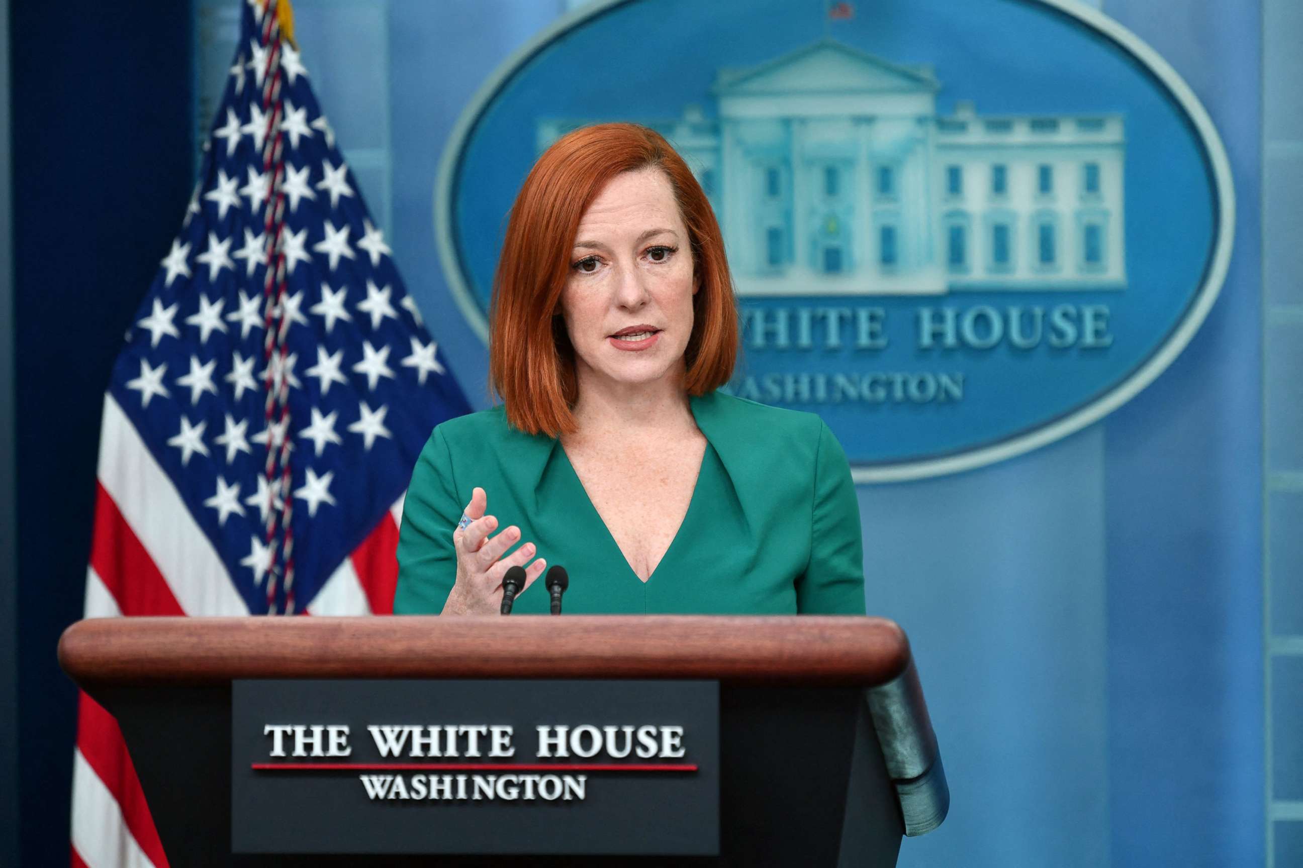 PHOTO: White House Press Secretary Jen Psaki speaks with reporters during the daily press briefing, Jan. 31, 2022, in Washington, D.C. 