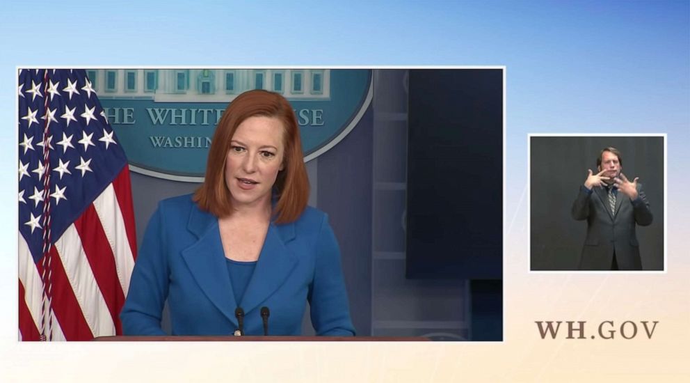 PHOTO: An American Sign Language interpreter provides interpretation during White House press secretary Jen Psaki's news conference on April 19, 2021.