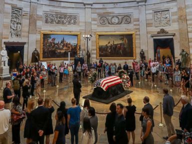PHOTO: The flag-draped casket of late Senator John McCain, R-Ariz., lies in state in the Rotunda of the Capitol in Washington, Aug. 31, 2018.