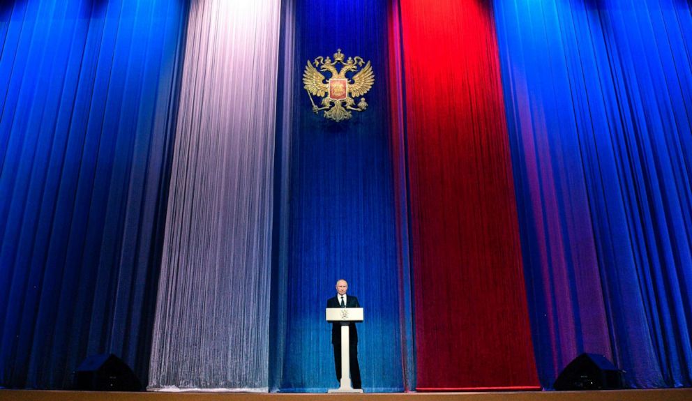 PHOTO: Russian President Vladimir Putin delivers his speech marking the Defenders of the Fatherland Day at the State Kremlin Palace in Moscow, Feb. 23, 2020.