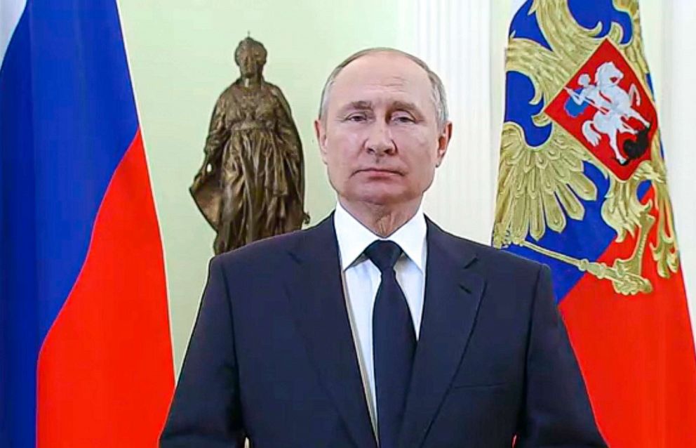 PHOTO: In this screen grab from video released by the Russian Presidential Press Service, Russian President Vladimir Putin speaks to celebrate International Women's Day, in Moscow, on March 8, 2022.