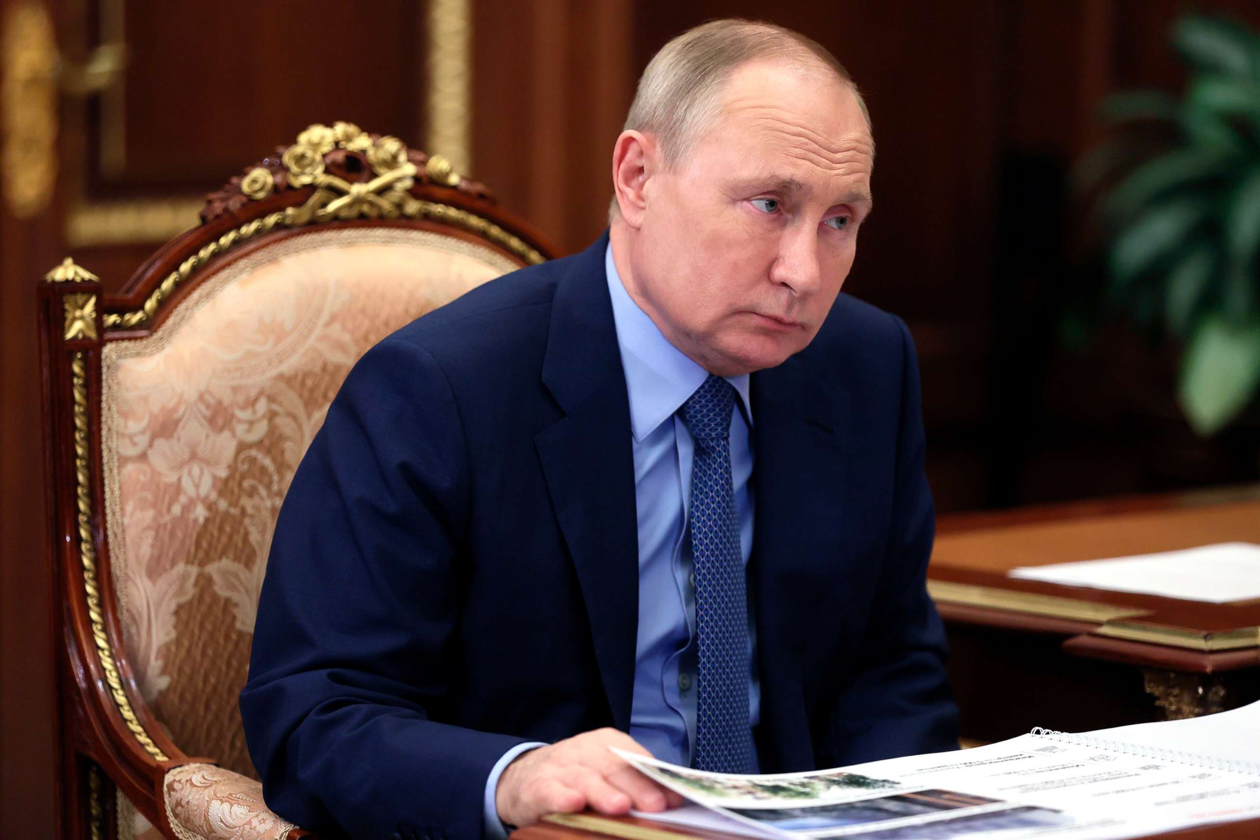 PHOTO: Russian President Vladimir Putin listens during a meeting at the Kremlin in Moscow, Jan. 14, 2022.
